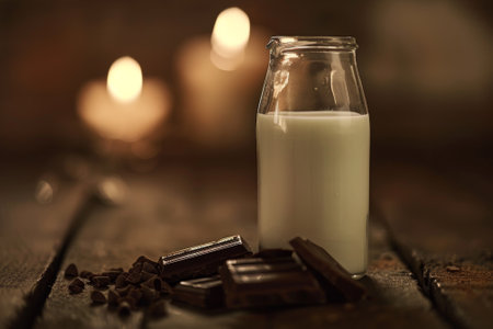 A glass of milk is on a wooden table with a pile of chocolate. The scene is cozy and inviting, with the warm glow of the candles adding to the ambianceの素材