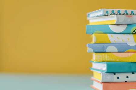 A neatly arranged stack of vibrant notebooks displaying different patterns and colors rests on a table, with a cheerful yellow wall creating a warm atmosphere.の素材
