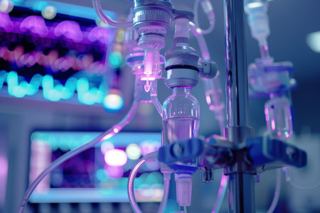 A medical device with a purple background. The device is attached to a patient and has a bottle on itの素材