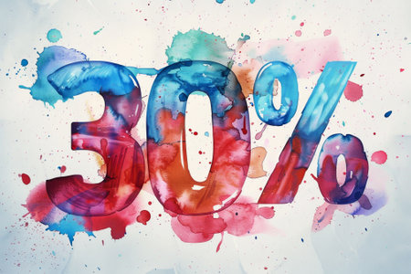 The vibrant design showcases the number thirty percent in bold colors, surrounded by a variety of watercolor splashes, ideal for marketing promotions or sales.の素材
