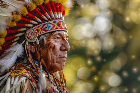 An elder dressed in vibrant traditional attire adorned with feathers stands proudly, showing casing cultural heritage at a vibrant outdoor gathering in soft, natural lighting.の素材