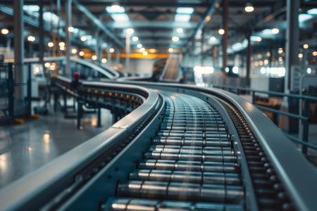 The conveyor belt system smoothly carries products through a well-lit industrial warehouse, showing a blend of technology and efficient workflow in action.の素材