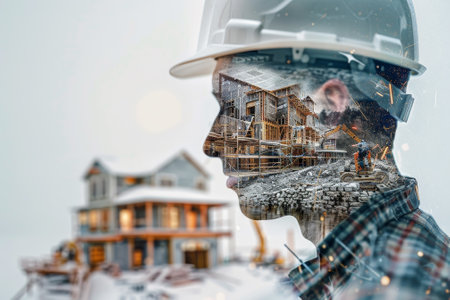 A construction worker features silhouette a snowy building site, revealing a house being constructed. The scene reflects the worker's dedication to the trade in challenging weather.の素材