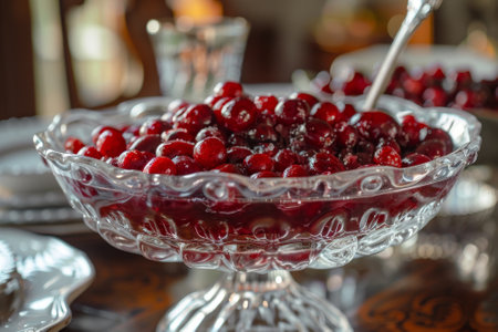 A beautifully arranged glass bowl filled with vibrant red cranberries sits on a wooden table, capturing the essence of a festive family dinner atmosphere.の素材