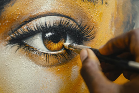A person is painting a woman's eye with a brush. The eye is brown and the brush is blackの素材