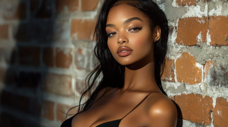 A woman with long black hair and a black tank top is standing in front of a brick wallの素材