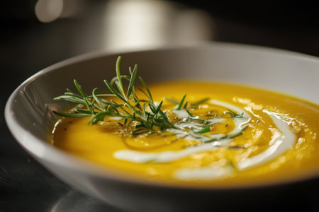A bowl of soup with a garnish of parsley on top. The soup is yellow and creamy, and the parsley adds a pop of color and freshness to the dish. The bowl is white and sits on a tableの素材