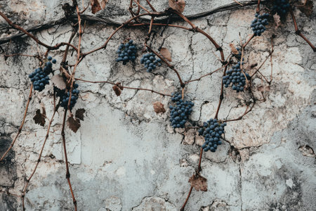 A wall covered in vines and grapes. The grapes are ripe and ready to be picked. The vines are growing up the wall, covering it in a beautiful and natural wayの素材