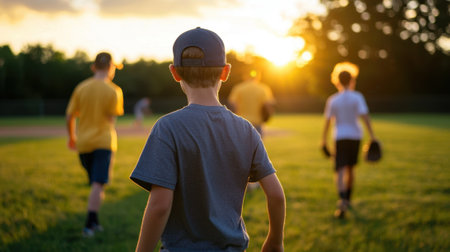 A group of young boys playing baseball in a field. One boy is wearing a blue hat and a gray shirtの素材