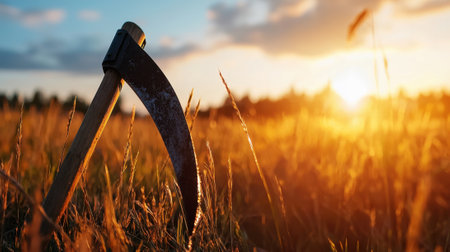 A large, sharp, wooden ax is sitting in a field of tall grass. The sun is setting in the background, casting a warm glow over the scene. Concept of solitude and peacefulnessの素材