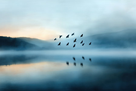 A flock of birds flying over a lake. The sky is cloudy and the water is calm. The birds are flying in a V formationの素材