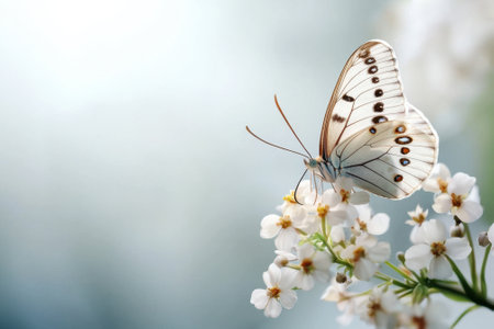 A white butterfly is perched on a flower. Concept of tranquility and beauty, as the butterfly's delicate wings and the flower's delicate petals create a serene and peaceful sceneの素材
