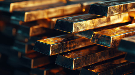 A stack of gold bars with a shiny, metallic sheen. The bars are arranged in a pyramid shape, with the top bar being the largest and the bottom bar being the smallest. The bars are all the same sizeの素材