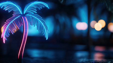 A neon palm tree is lit up in a dark background. The image has a tropical vibe and a sense of relaxationの素材
