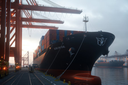 A large ship is docked at a port. The ship is black and has the word "Lux" on the side. The sky is cloudy and the sun is settingの素材