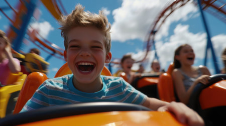 A boy is riding a roller coaster and is smiling. The other people in the ride are also smilingの素材