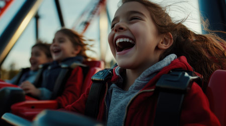 A girl is smiling and laughing while riding a roller coaster. The other two girls are also smiling and laughing. Scene is happy and joyfulの素材