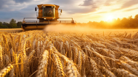 A yellow combine harvester is cutting wheat in a field. The sun is setting in the background, casting a warm glow over the sceneの素材