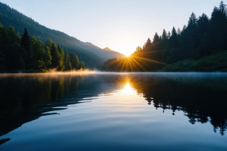 A beautiful lake with a sun shining on the water. The sun is reflecting on the water, creating a serene and peaceful atmosphereの素材