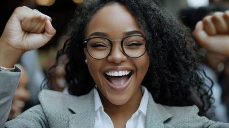 A woman with curly hair and glasses is smiling and raising her hands in the air. She is wearing a suit and a white shirtの素材