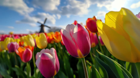 A field of flowers with a windmill in the background. The flowers are a mix of pink, yellow, and orangeの素材