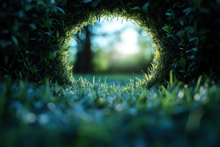 A small hole in a bush with green grass. The hole is surrounded by green grass and leavesの素材