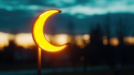 A yellow crescent moon is lit up in the dark. The moon is lit up in the sky, and the surrounding area is darkの素材