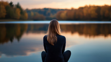 A woman sits on a dock by a lake, looking out at the water. The scene is peaceful and serene, with the woman's reflection in the water adding to the calming atmosphereの素材