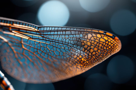 A close up of a dragonfly wing with a blue background. The wing is orange and brown with a lot of detailの素材