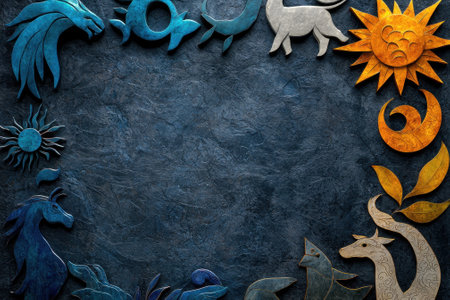 A blue frame with a variety of symbols including a sun, a moon, a star, a fish, a bird, a cat, a dragon, and a goatの素材
