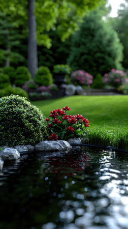 A garden with a small pond and a few bushes. The bushes are trimmed and the flowers are red. The pond is surrounded by rocks and the grass is greenの素材