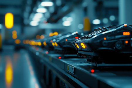 A row of black electronic devices with yellow buttons. The devices are arranged in a row and are lit upの素材
