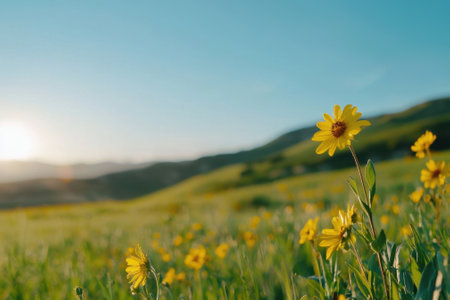 A field of yellow flowers with a blue sky in the background. The sun is setting, casting a warm glow over the sceneの素材