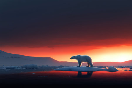 A polar bear stands on a piece of ice in front of a beautiful sunset. The scene is serene and peaceful, with the bear being the only living creature in the imageの素材