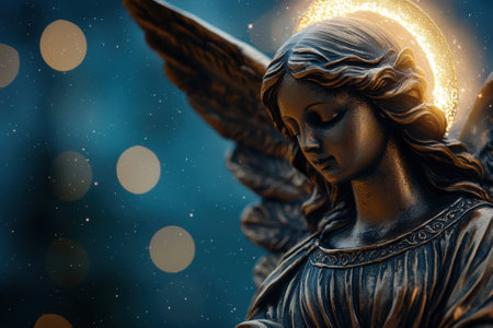 A statue of an angel with a golden halo is sitting on a snowy background. The angel is looking down, and the snow around it creates a serene and peaceful atmosphereの素材