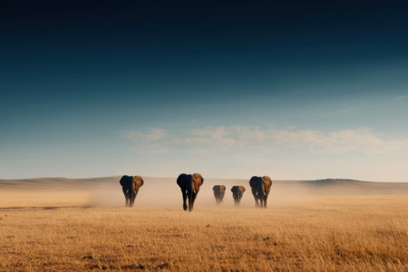 A herd of elephants walking across a dry, dusty plain. The elephants are scattered throughout the field, with some closer to the foreground and others further back. Concept of solitude and vastnessの素材