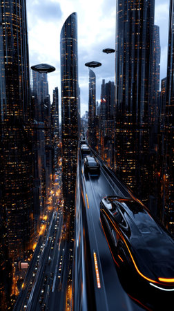 A futuristic cityscape with cars flying through the air and buildings towering over the streets. Scene is one of excitement and wonder, as the viewer is transported to a world beyond our ownの素材