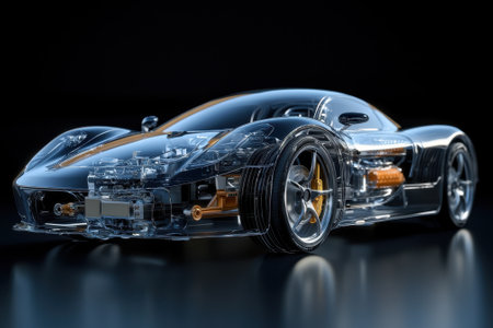 A car is shown in a glass case, with its engine visible. The car is a sports car, and the glass case is designed to showcase its design and engineering. Scene is one of admirationの素材