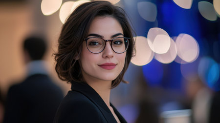 A woman wearing glasses and a black jacket. She is smiling and looking at the camera. The background has a blurry effect, giving the image a dreamy or artistic feelの素材