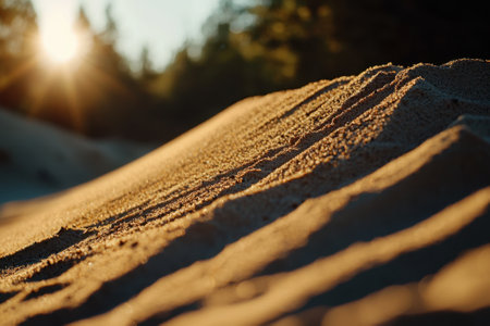 A sandy hillside with the sun shining on it. The sun is in the background and the sand is in the foregroundの素材