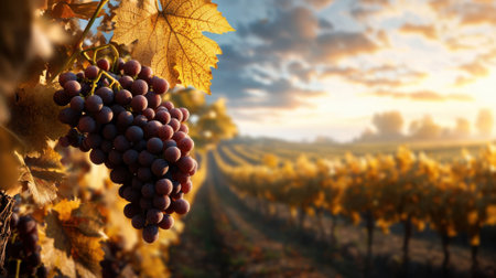 A bunch of grapes hanging from a vine. The grapes are ripe and ready to be picked. The vineyard is full of grapes and the sky is cloudyの素材