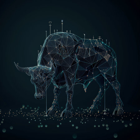 A bull is depicted in a digital art piece with a city skyline in the background. The bull is surrounded by a lot of lines and dots, giving it a futuristic and abstract appearanceの素材
