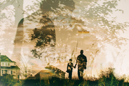 A man and a child are standing in front of a house. The man is holding the child's hand. The scene is set in a forest with trees in the backgroundの素材