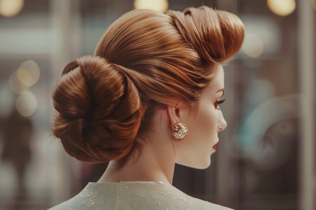 A woman with a bun hairstyle and a pair of earrings. The bun is very high and the earrings are goldの素材