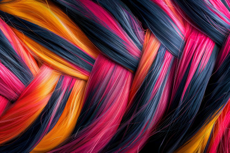 A close up of a woman's hair with a mix of red, black, and orange colorsの素材