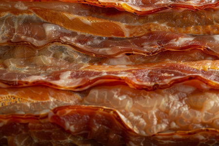A close up of a piece of bacon with a lot of fat on it. The bacon is sliced into thin strips and he is very crispyの素材