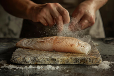 A person is seasoning a piece of fish with salt and pepper. The fish is on a cutting board and the person is sprinkling the seasoning on itの素材