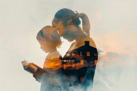 A woman and a child are reading a book together. The scene is peaceful and intimate, with the two of them sharing a moment of bonding over readingの素材