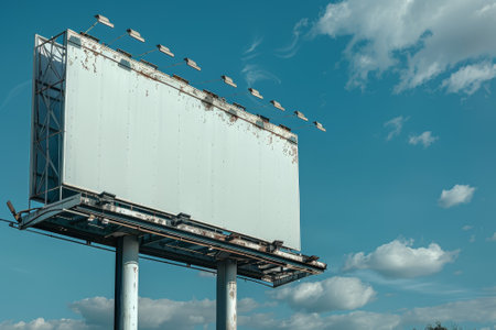 A billboard with a white background and a blue sky. The billboard is empty and has no writing on itの素材