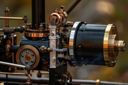 A train engine with many gears and a lot of metal parts. The train engine is old and has a vintage look to itの素材